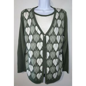 Women’s 2in1 Green Hearts Argyle Pattern Sweater SMALL